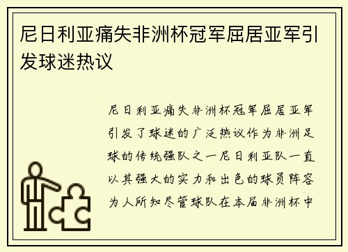 尼日利亚痛失非洲杯冠军屈居亚军引发球迷热议