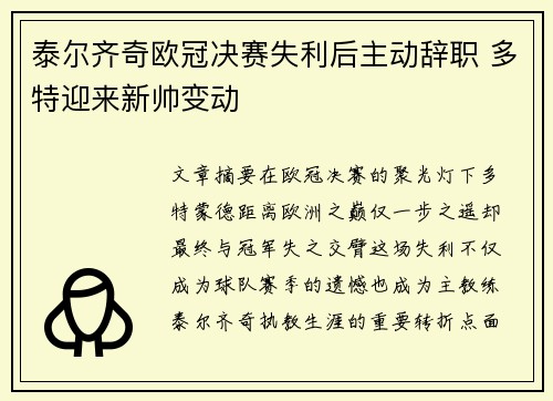 泰尔齐奇欧冠决赛失利后主动辞职 多特迎来新帅变动
